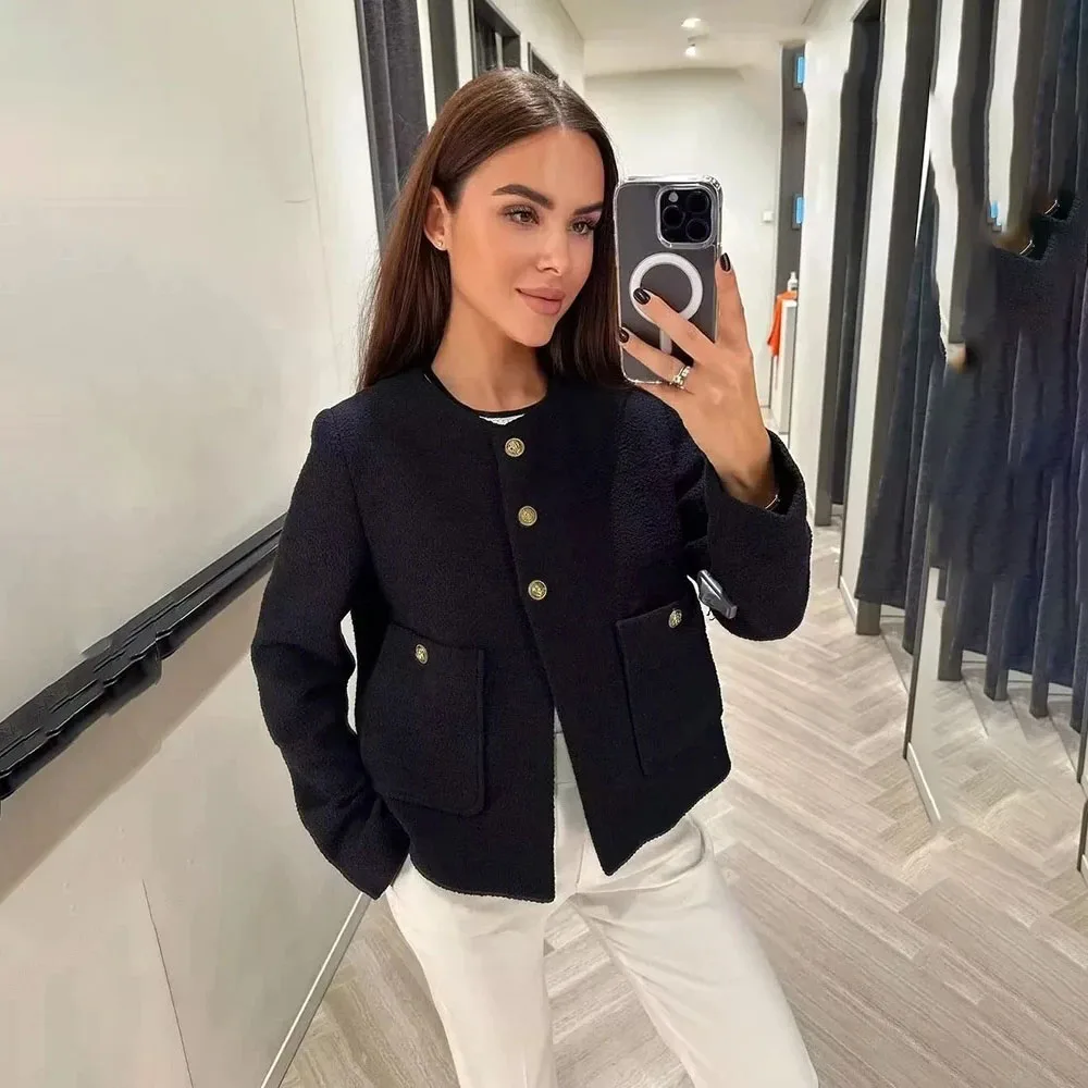 2024 Elegant Commuting Textured Jackets Office Lady O Neck Long Sleeves Solid With Pockets Buttons Female Vintage Coats