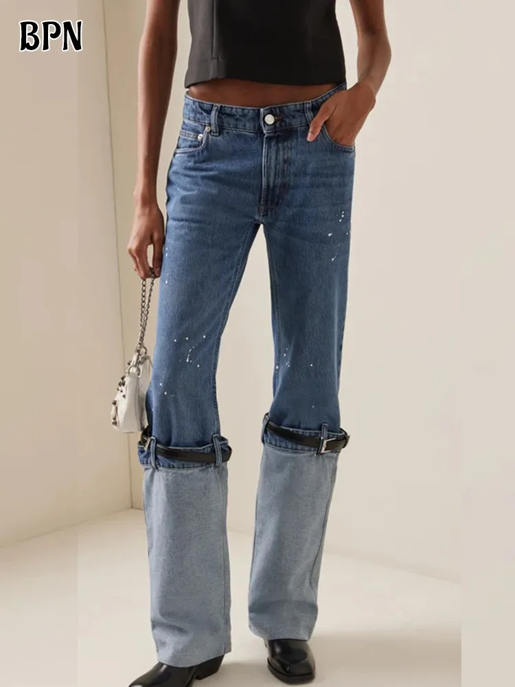 BPN Patchwork Belts Hit Color Jeans For Women High Waist Spliced Pockets Straight Denim Trounsers Female Fashion Clothing 2023