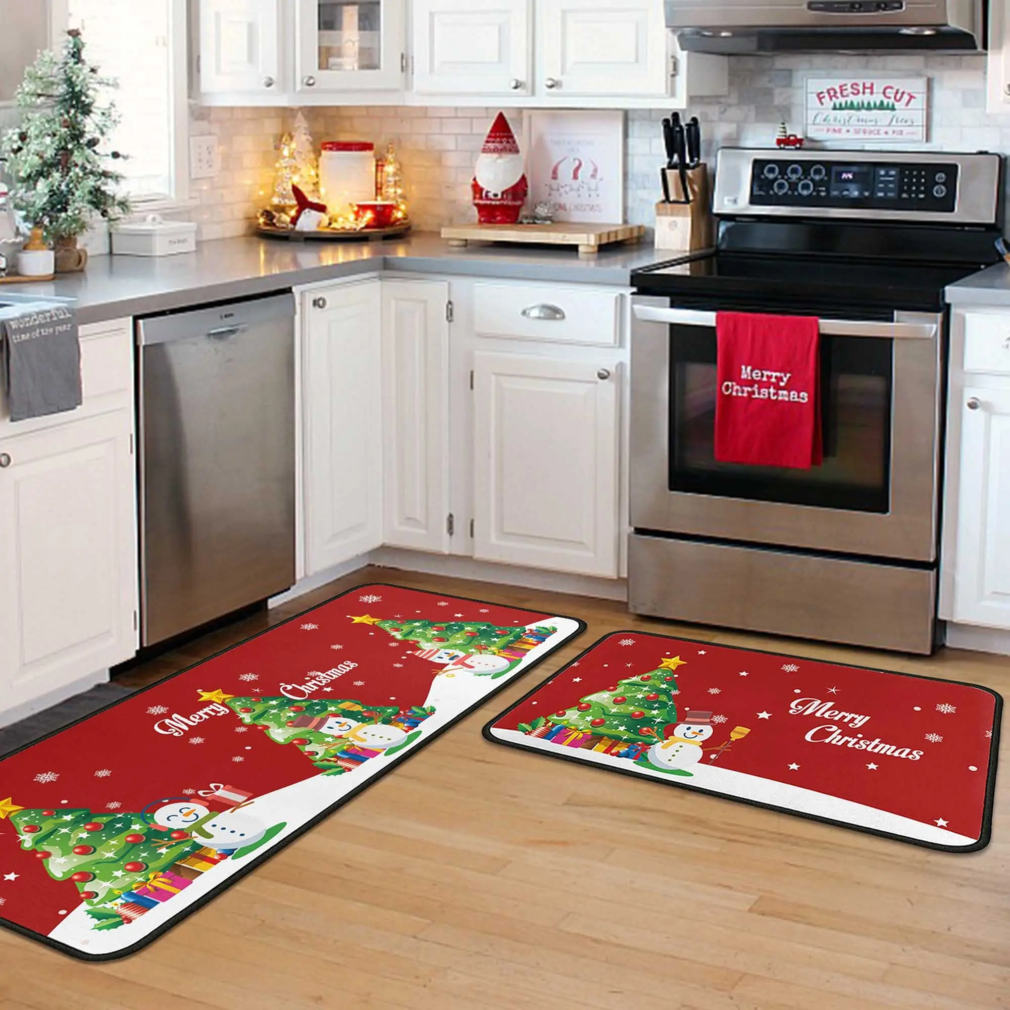 Vikama 2 Stück Frohe Weihnachten, Küchenläufer, Teppich, Schneemann, für den Innenbereich, rutschfest, waschbar, Bodenmatte für Party, Flur, Heimdekoration
