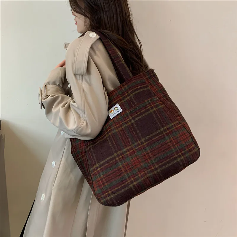 Shoulder Bag Large Capacity Handbag Woolen Cloth Check Korean New Style All-match Casual Tote Street Fashion Classic All-match