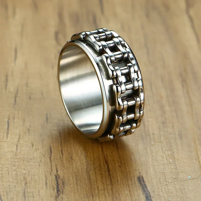 Punk 9.5mm Motorcycle Chain Link Spinner Rock Ring for Men Stress Relief Bike Rotatable Band Finger Male Jewelry Stainless Steel