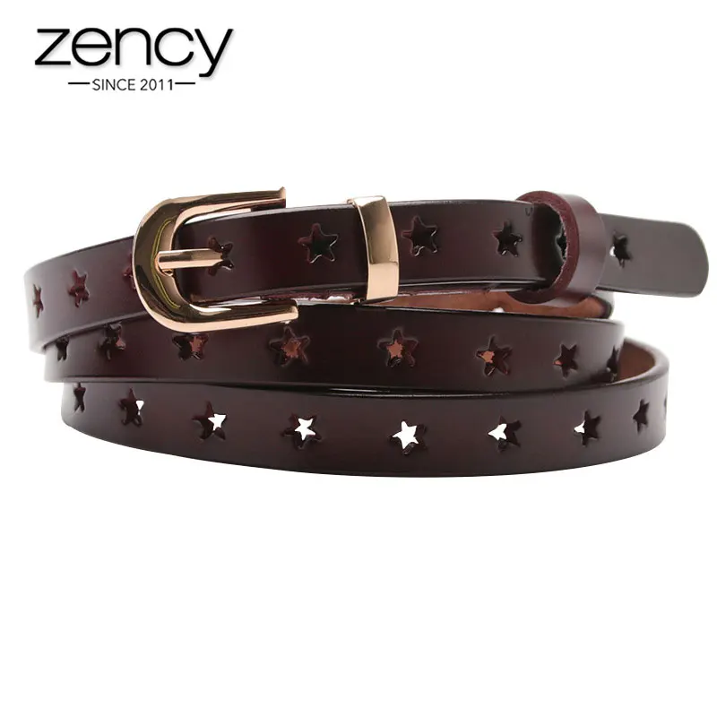 Zency Split Leather Women Waist Belts Five-pointed Star Hollow-out Wild Sweater Skirt Pants Decorative Skinny Belts