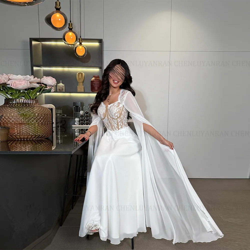 MOLISA Customized Fashion Lace Party Gown White A-Line Prom Dresses Ankle-Length V-Neck Full Sleeve Evening Gown Simple Draped