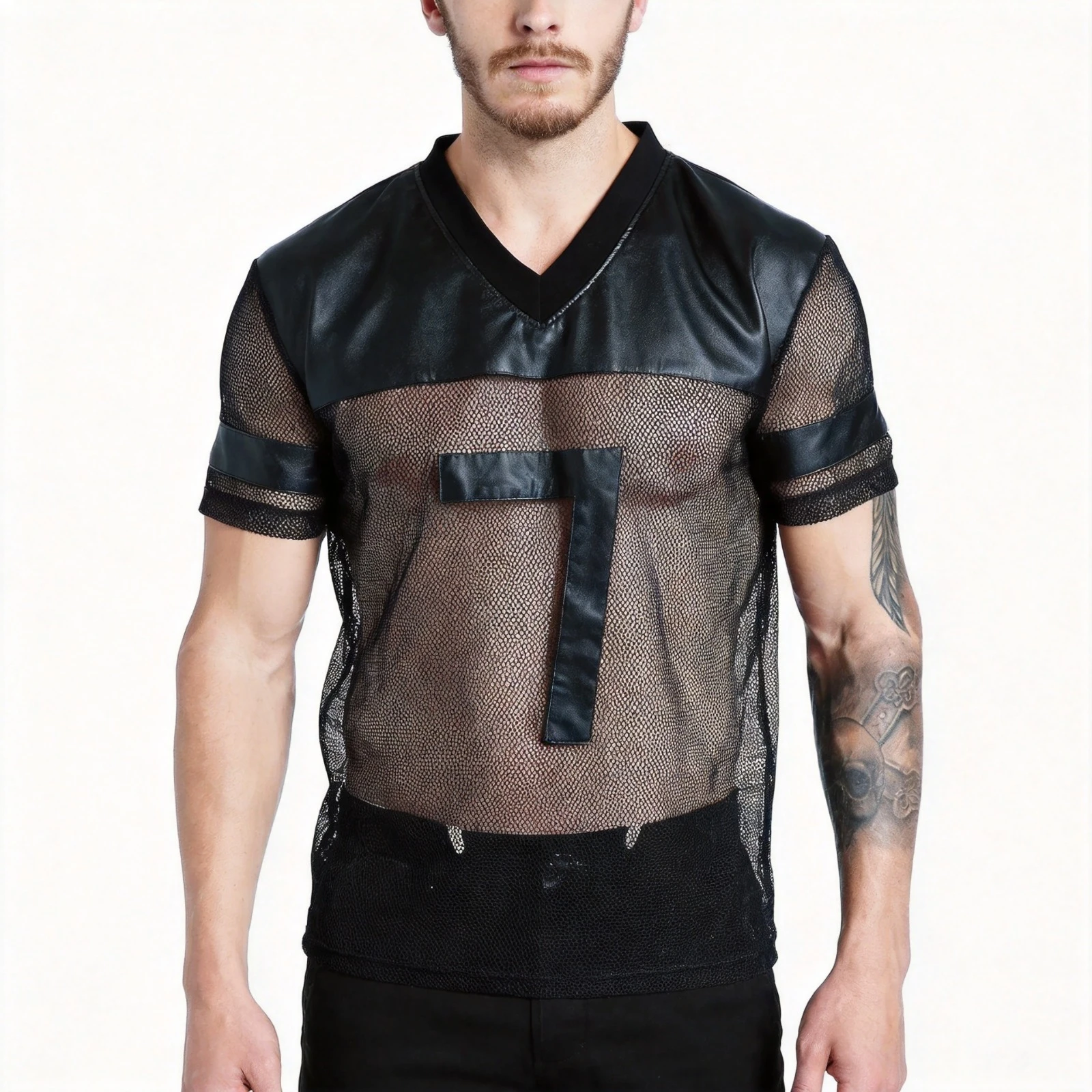 PU Sexy Fishnet T-Shirt Man Tops Tee Men Faux Leather Transparent Mesh Clubwear See Through Short Sleeve V-neck Harajuku Shirt