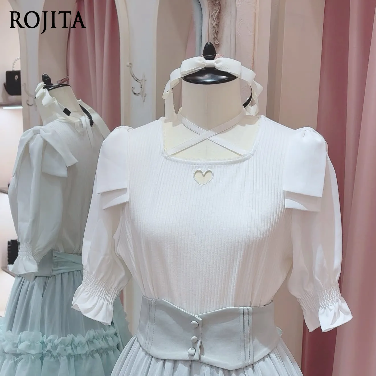 Women Sweet Lolita Basic Inner Top Heart Hollow Square Neck Cross Neck Strap Puff Short Sleeve Ruffle Cuff Ribbed Knit Blouse