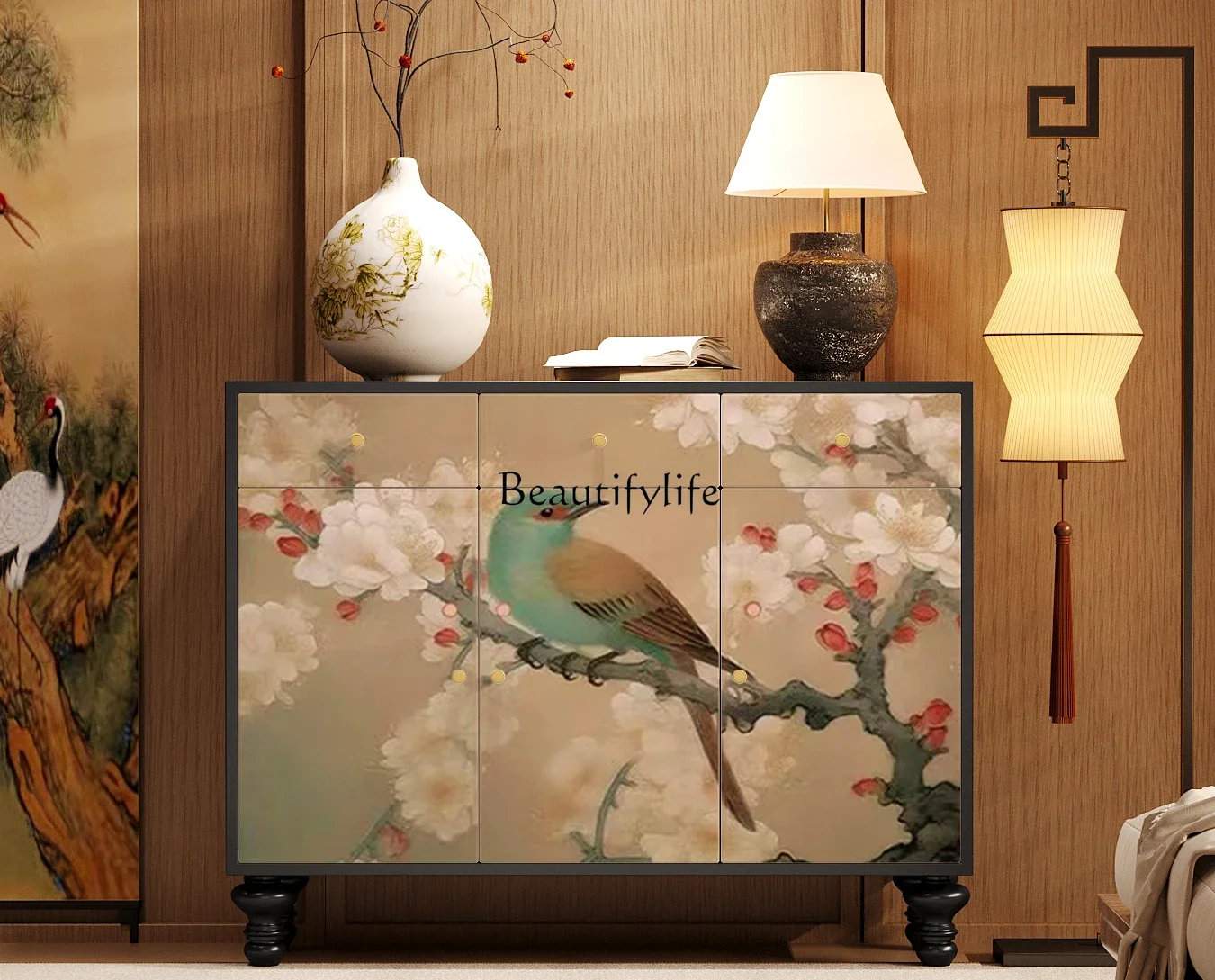 

French medieval solid wood painted flower and bird locker, storage cabinet next to the sofa in the living room entrance