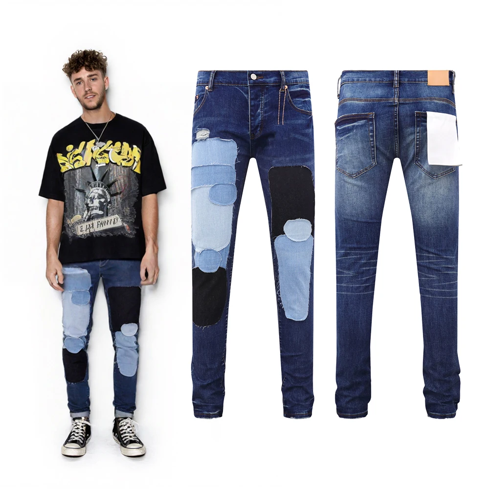 

Streetwear Clothing Denim Slim Fit Jeans with Patch Work Hip Hop Street Style Retro Vintage Rock Revivals Skinny Jeans for Men's