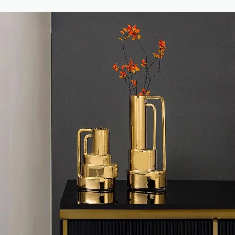 Gold Ceramic Vase Geometrically Stacked Staircases Lamination Flower Vase Floral Arrangement Accessories Home Decoration