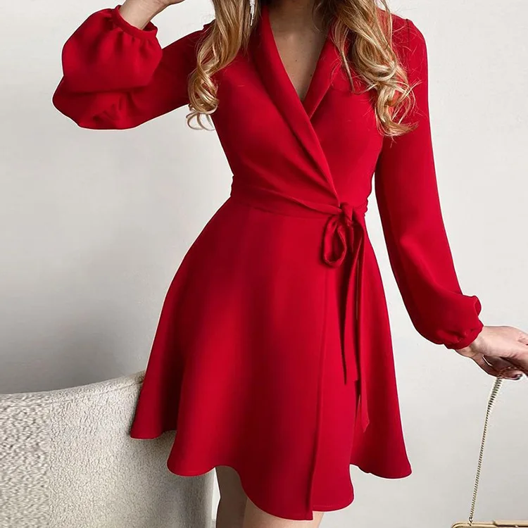 2026 Herbst Winter Mode Damen Elegantes Farbblock-Einteiler-Kleid mit Gürtel – Detail 6