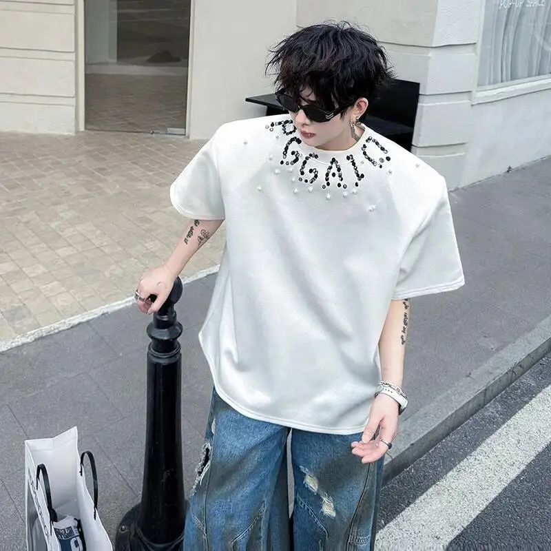 LUZHEN 2026 Summer Pearl Decorate Sequin Patchwork Short Sleeve T-shirts Men's Fashion Handsome Loose Shoulder Pad Tops JY6957