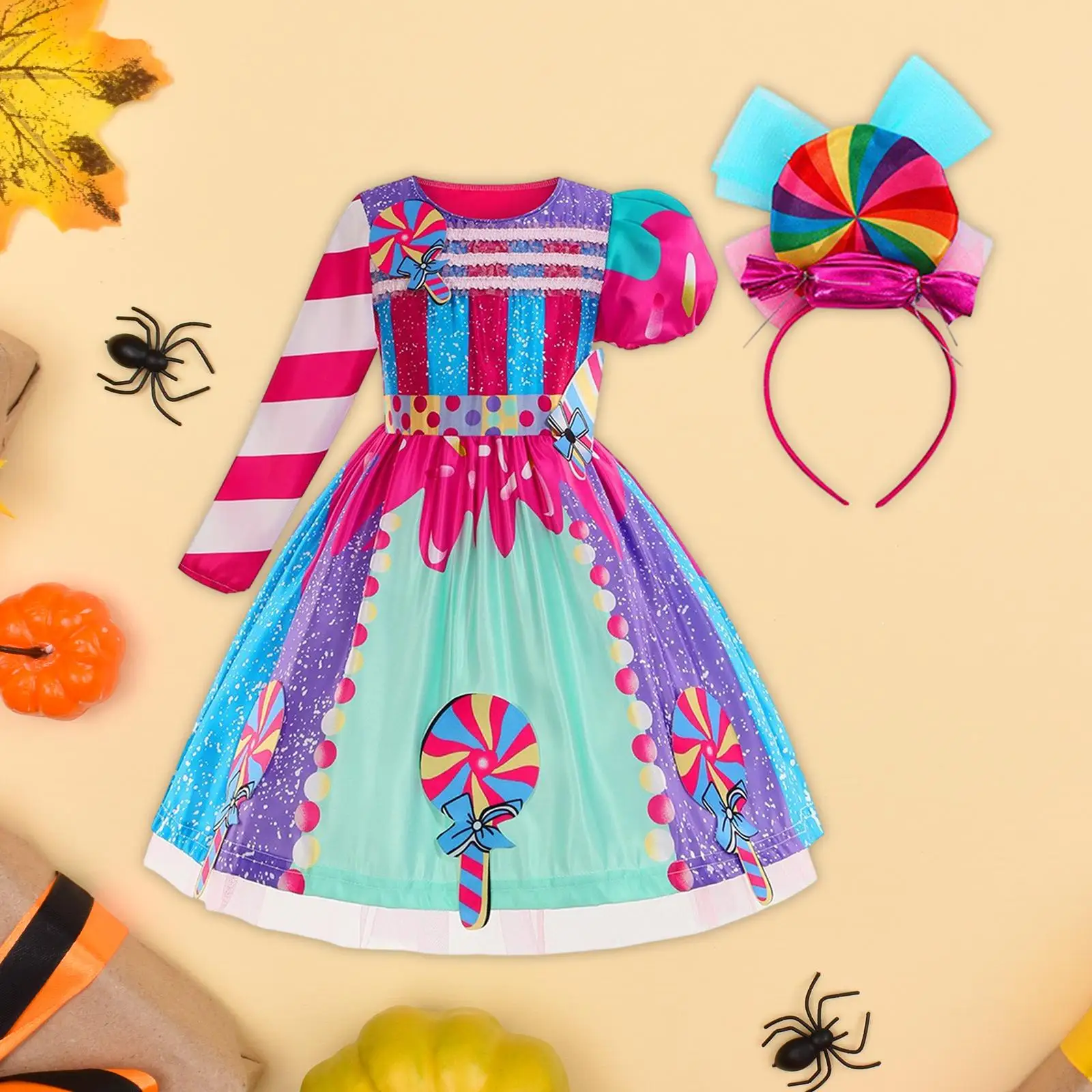 Buntes Bonbon-Kleid für Mädchen mit Stirnband, Party-Prinzessin-Kostüm-Set für Tanz und Cosplay