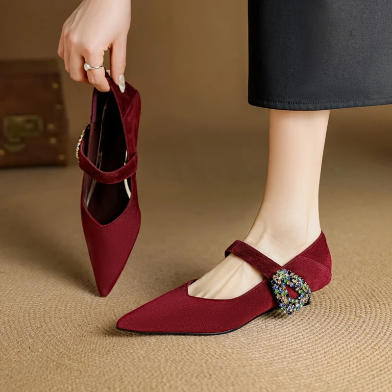 

NEW Spring/Autumn Women Pumps Pointed Toe Low Heel Shoes Sheep Suede Leather Shoes Women Crystal Shallow Buckle Strap Mary Janes