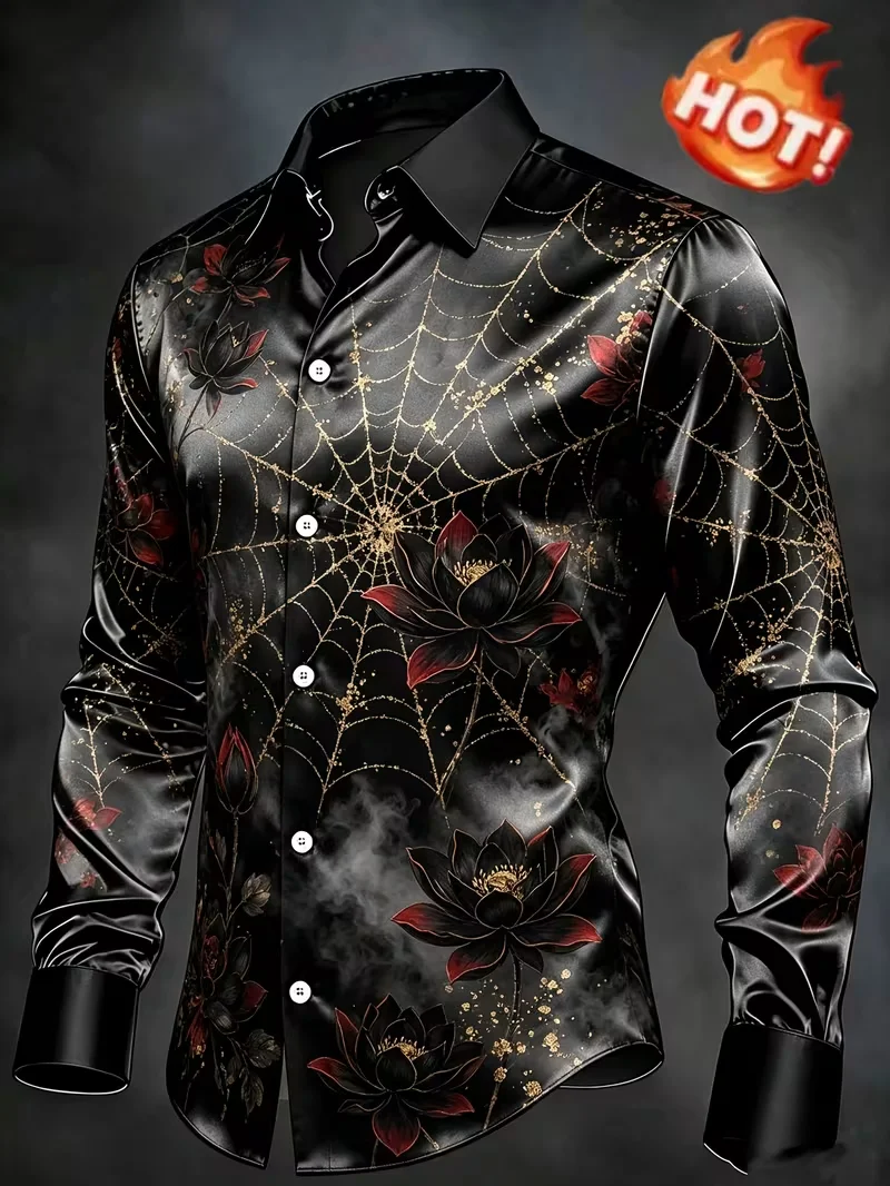 New black gilded spider web ink red lotus long sleeved shirt, dark and gorgeous men's personalized shirt