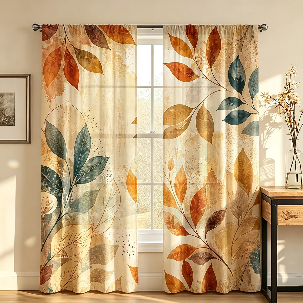 2PCS Teal Orange Autumn Leaf Curtains, Fall Print, Seasonal Window Drapes for Living Room Bedroom Home Decoration