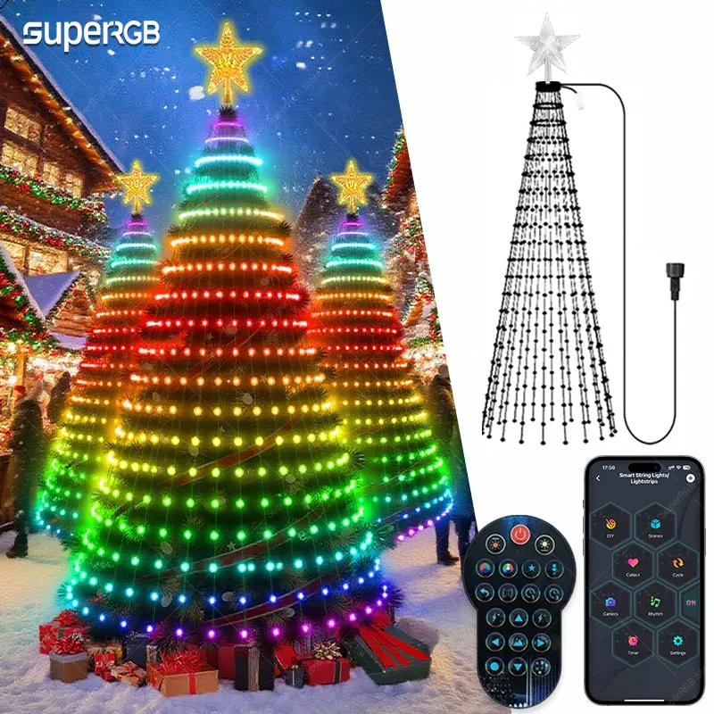 RGB Smart Christmas Tree Lights With Ring APP Control RGB DIY Text Music Sync 400LEDs Indoor Outdoor Timing Christmas Decoratio
