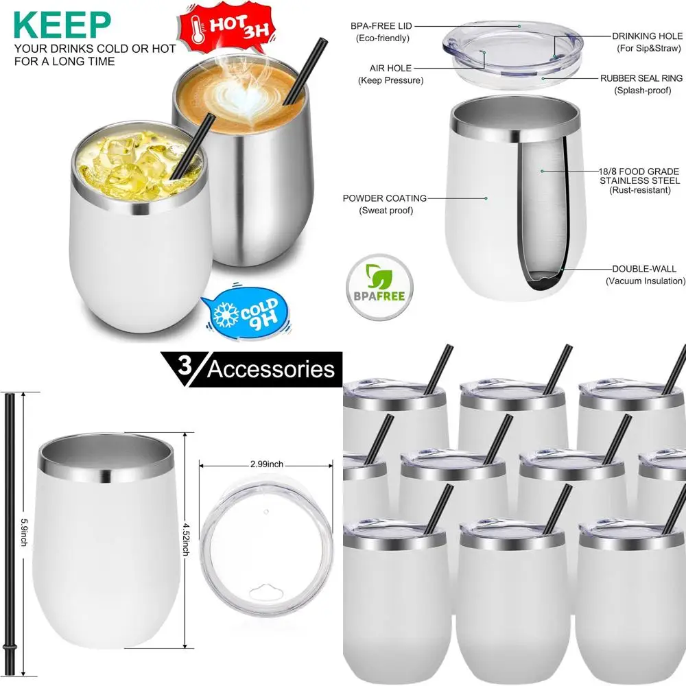 

12-компонентные стаканы для вина без ножек из нержавеющей стали с крышками и соломинками, чашки на 12 унций с вакуумной изоляцией для холодных и горячих напитков