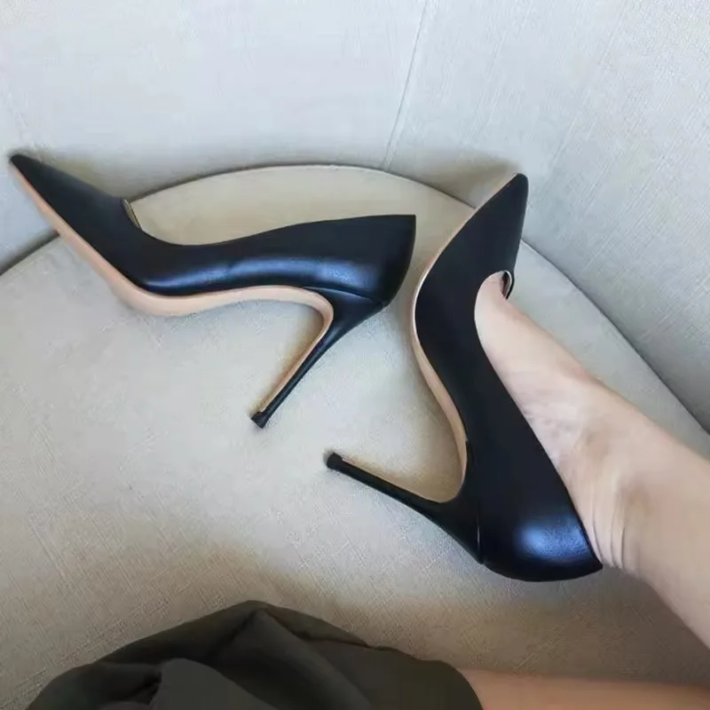 Matte Black Sexy 12cm Woman Super High Heels Pointed Toe Shallow Stilettos Pumps OL Work Ladies Slingback Dress Shoes Size46