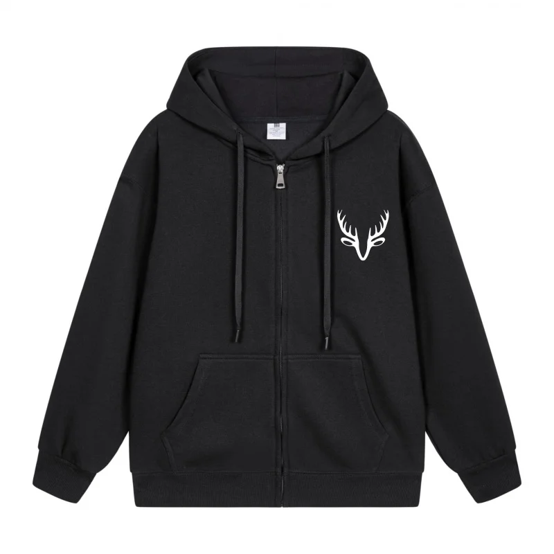 

Men's Zip-Up Hoodie White Deer Head On Black 2025 New Style Casual Couples’ Style Casual and Loose
