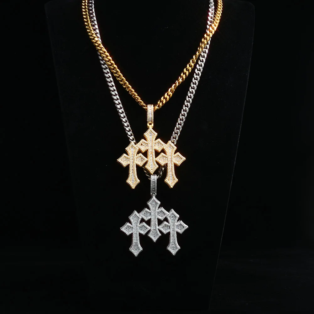 HHIOK Iced Out Hip Hop Jewelry Crystal Custom Three Cross Pendant Big Size Shiny Baguette Diamond Charm Cross Pendant