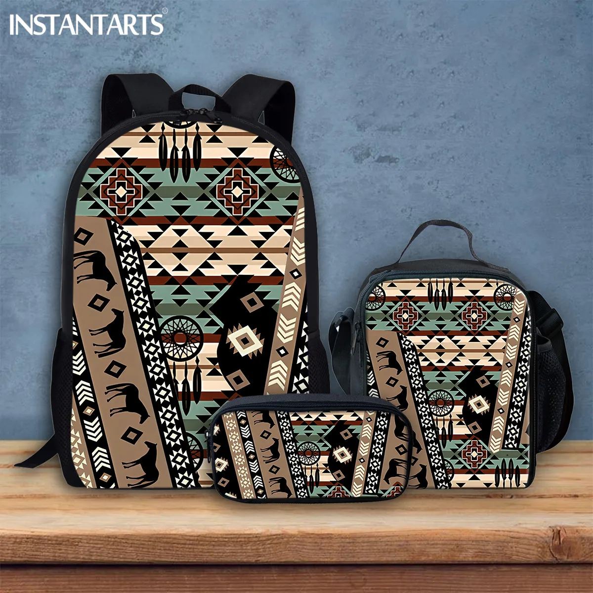 

INSTANTARTS Aztec Print Large Capacity School Back Pack for Women Daily Work Backpack 3Pcs/Set Tribal Horse Printed Laptop Bags