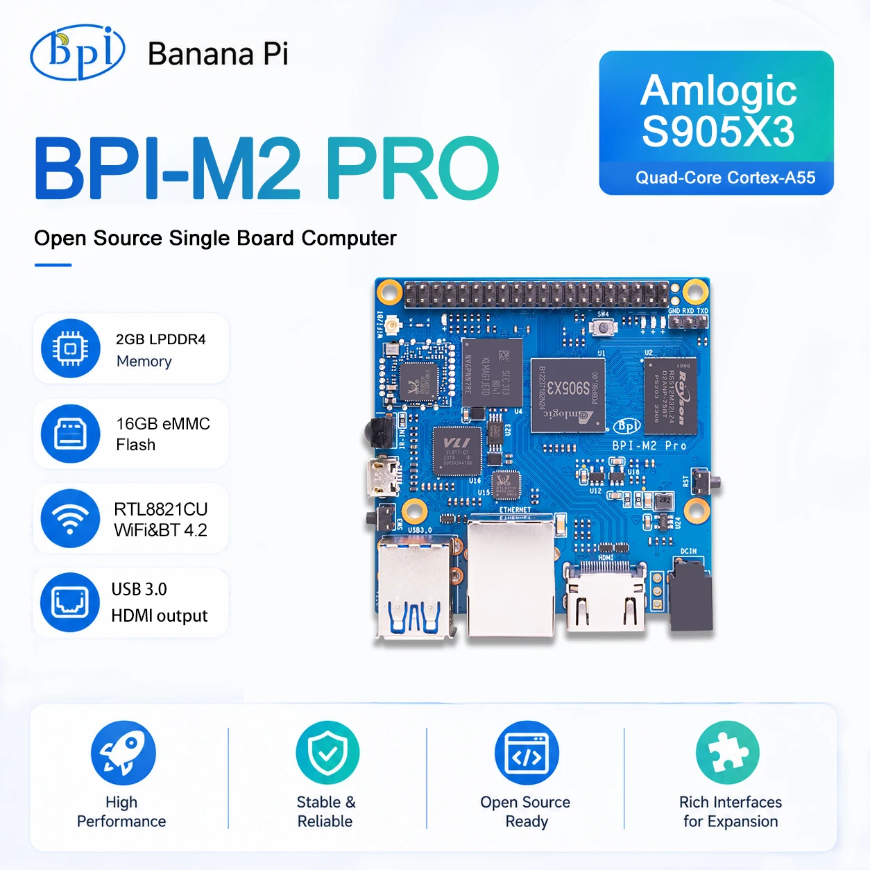 Banana PI BPI-M2 Pro Amlogic S905X3 Quad Core Processor 2GB LPDDR4 RAM 16GB eMMC Raspbian image support Electronic Control Board