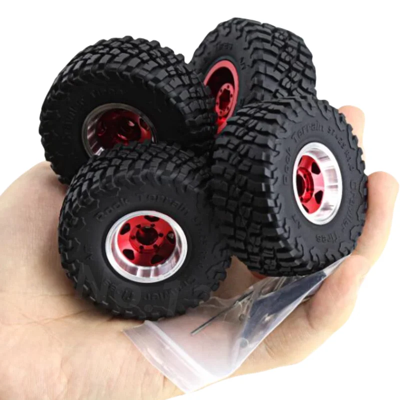 4Pcs Metal Beadlock Wheel Rim Rubber Tires Set for 1/18 1/24 RC Crawler Car Axial SCX24 FMS FCX24 Traxxas TRX4M Upgrade Parts