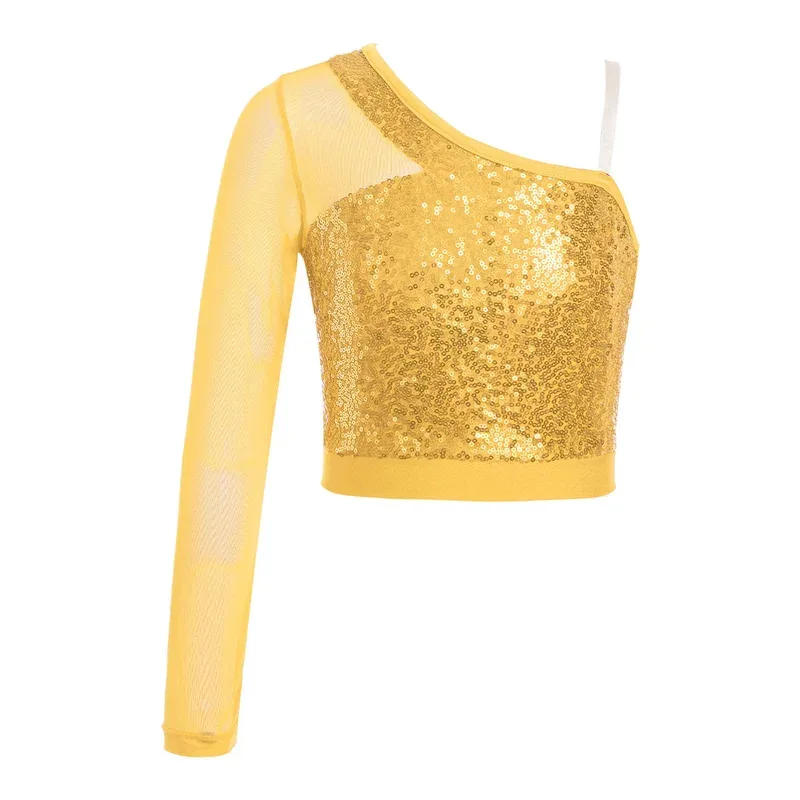 

Kids Girls Hip Hop Jazz Dance Top One Shoulder Long Sleeve Shiny Sequins Athletic Shirts for Stage Performance Dance Competition