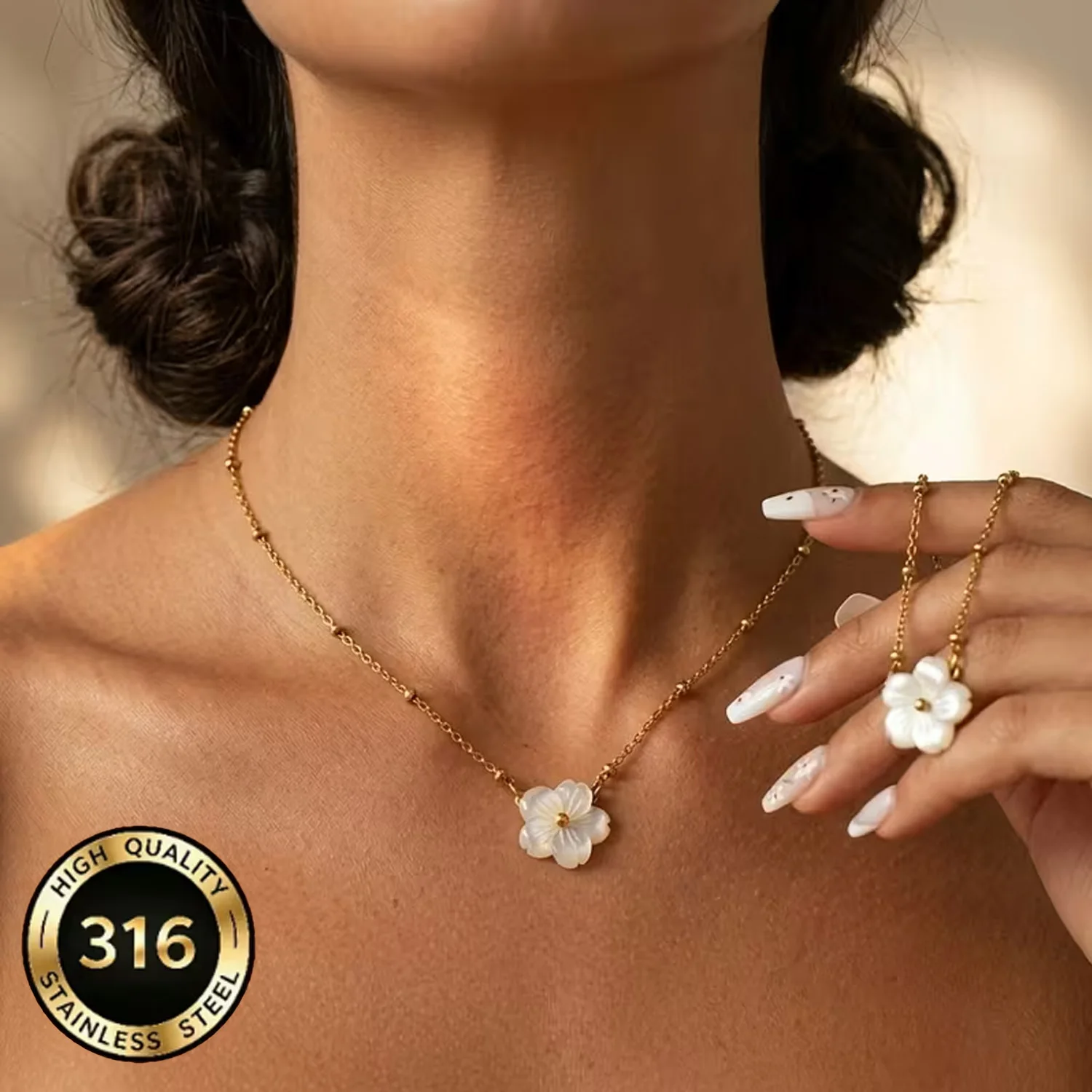 Women's Elegant Delicate Peach Blossom Shell Clavicle Necklace Stainless Steel High-End INS Style Colorfast Everyday Jewelry
