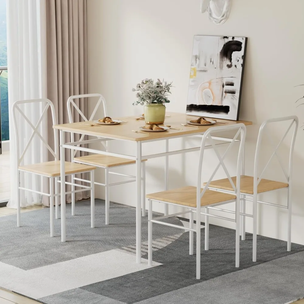 

5-Piece Kitchen Dining Table Set, Wood Tabletop & Heavy-Duty Metel Frame, Rectangle Dinette with 4 Chairs for Small Space
