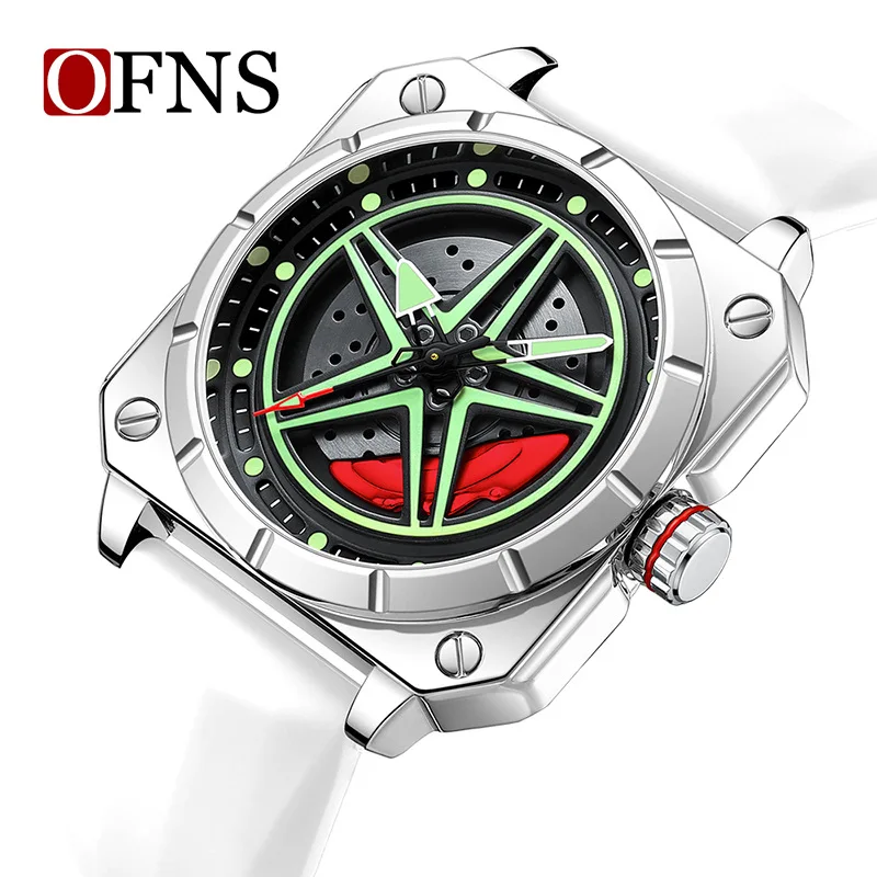 OFNS 8017 Men Quartz Watch Fashion Square Pentagram Stars Unique Green Silicone Strap Wristwatch for Male Boy Gift Clock