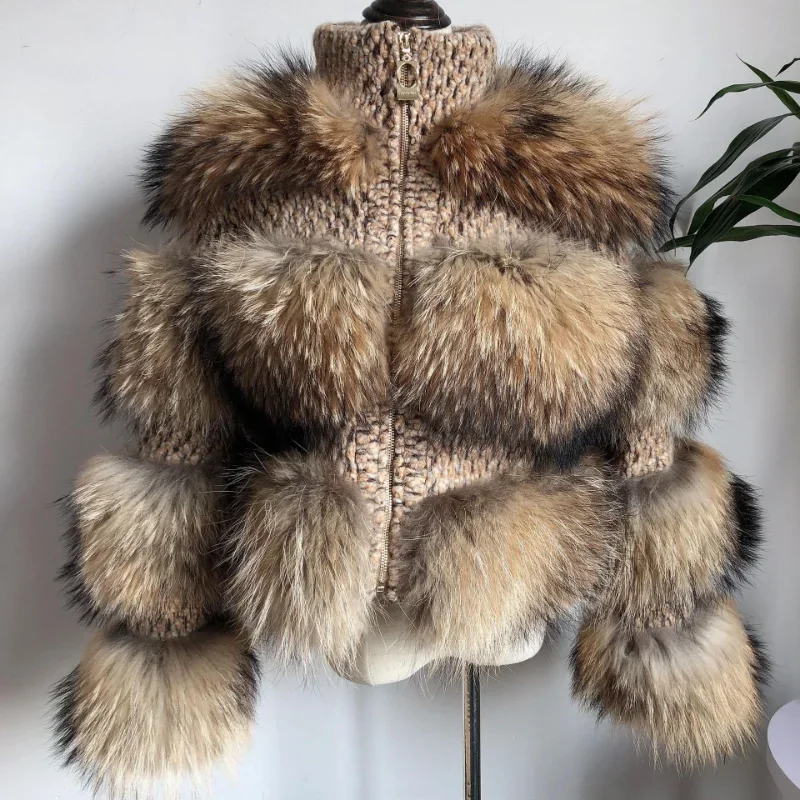 Luxury Thickness Fur Coat Stitching Raccoon Fur Autumn Winter Woolen Women Jacket Top