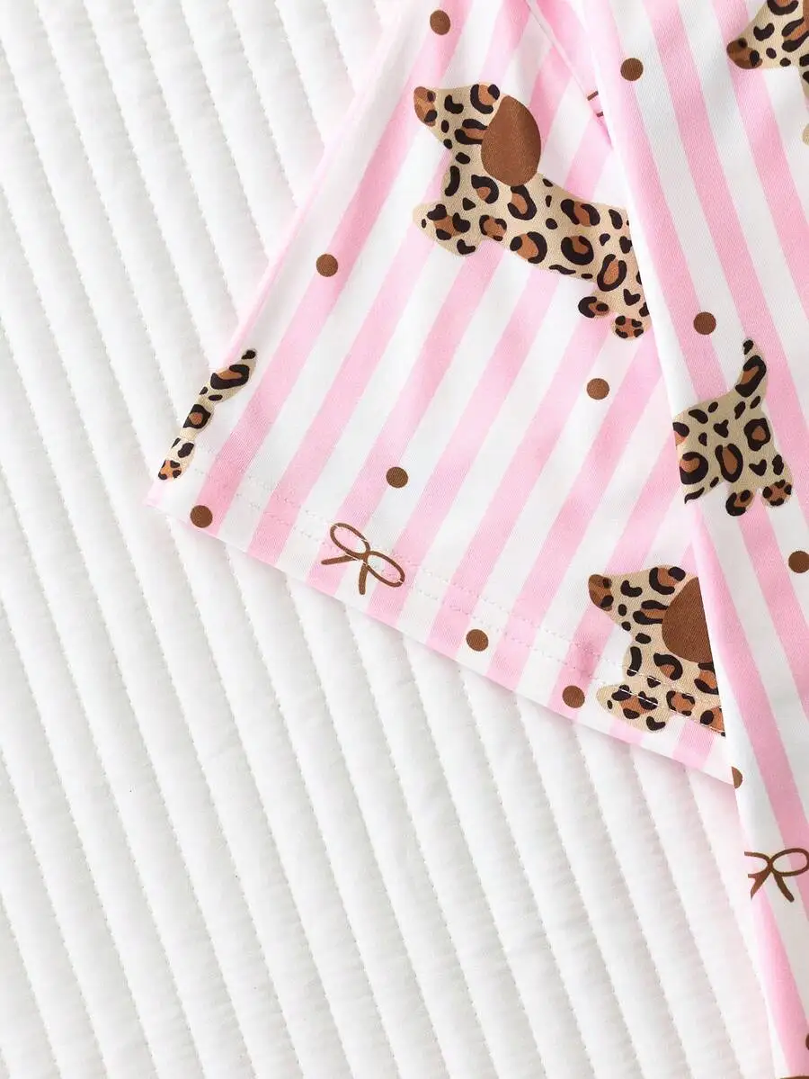 

Womens Satin Pajama Set With Pink Stripes Leopard Dog Print Short Sleeve Top And Shorts