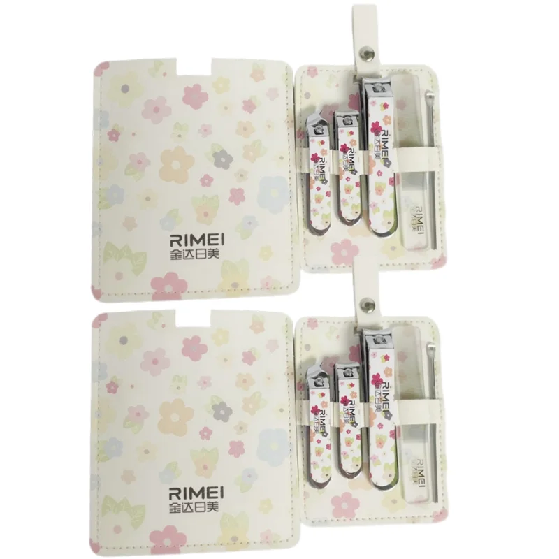 Nail Clipper Set 5 in1 Cute Floral Manicure Pedicure Kit Portable Travel Nail File Ear Spoon Leather Storage Bag Personal Tool