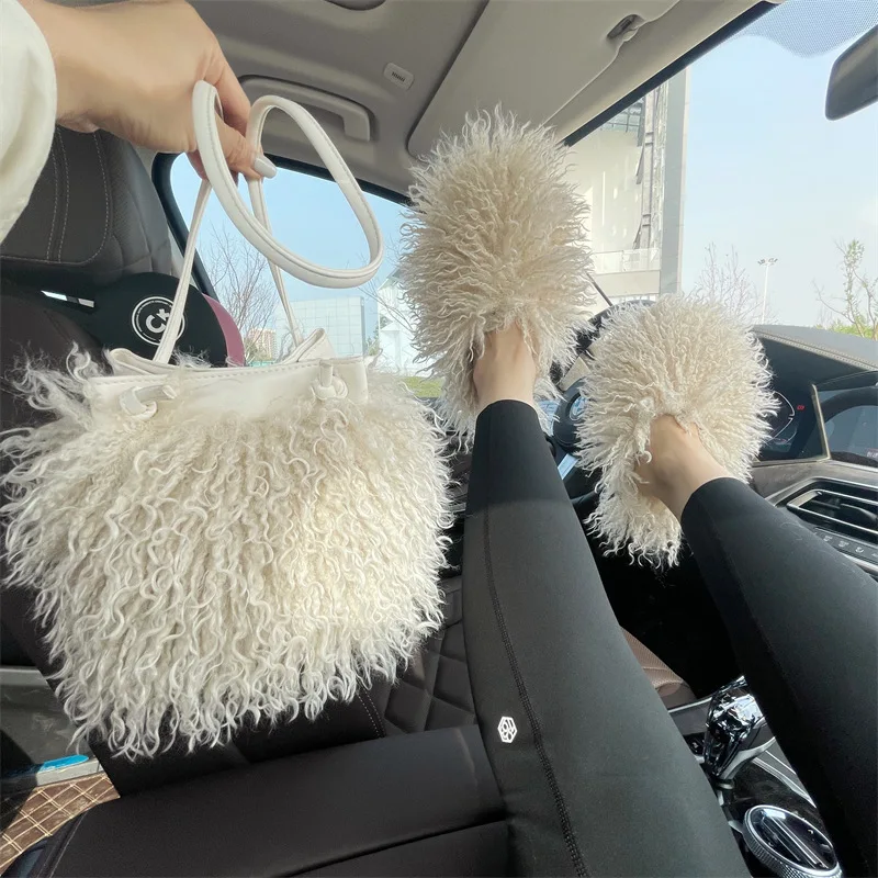 New Fluffy Fur Slippers Plus Size Women Shoes Luxury Plush Home Slippers Lady Messenger Bag Bucket Bag Slipper Set