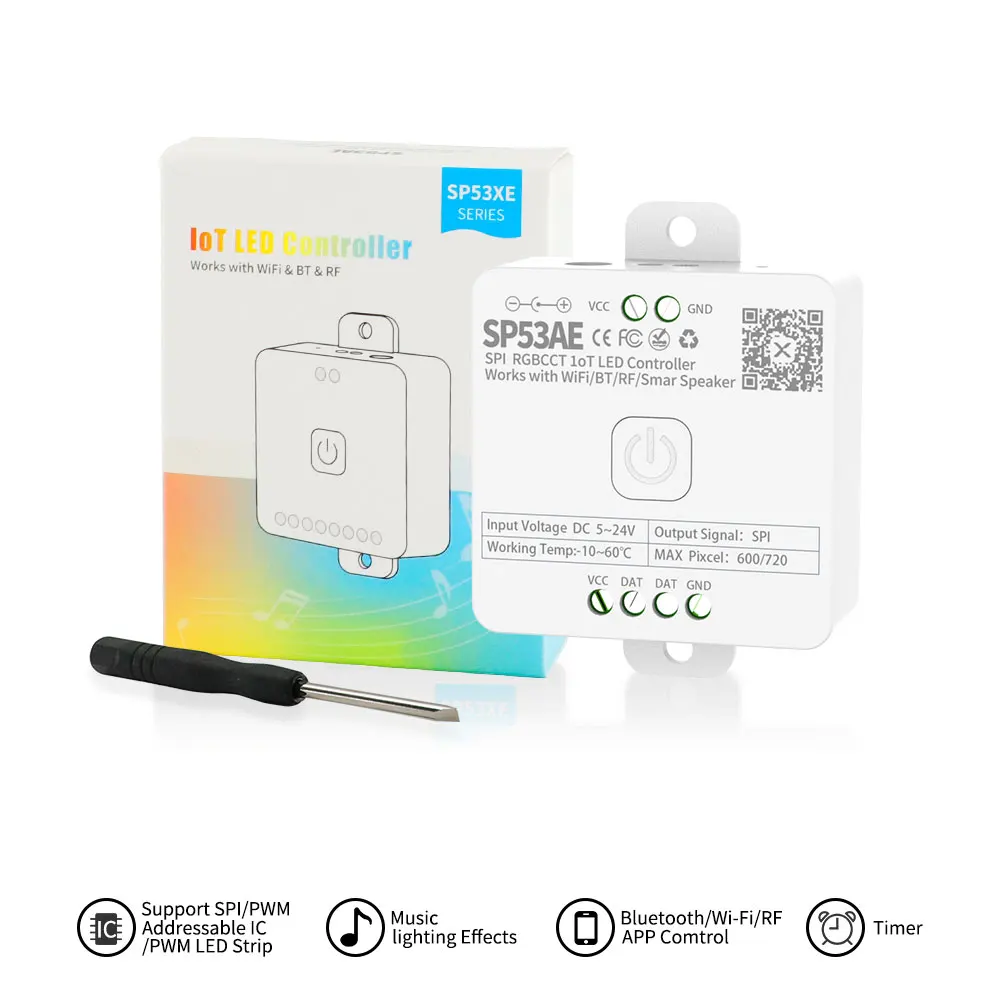 

SP53AE SP63AE SPI Pixels RGBCCT Светодиодный контроллер работает с пультом дистанционного управления WIFI BT/RF для WS2811 WS2805 1906 Светодиодная лента DC5V-24V