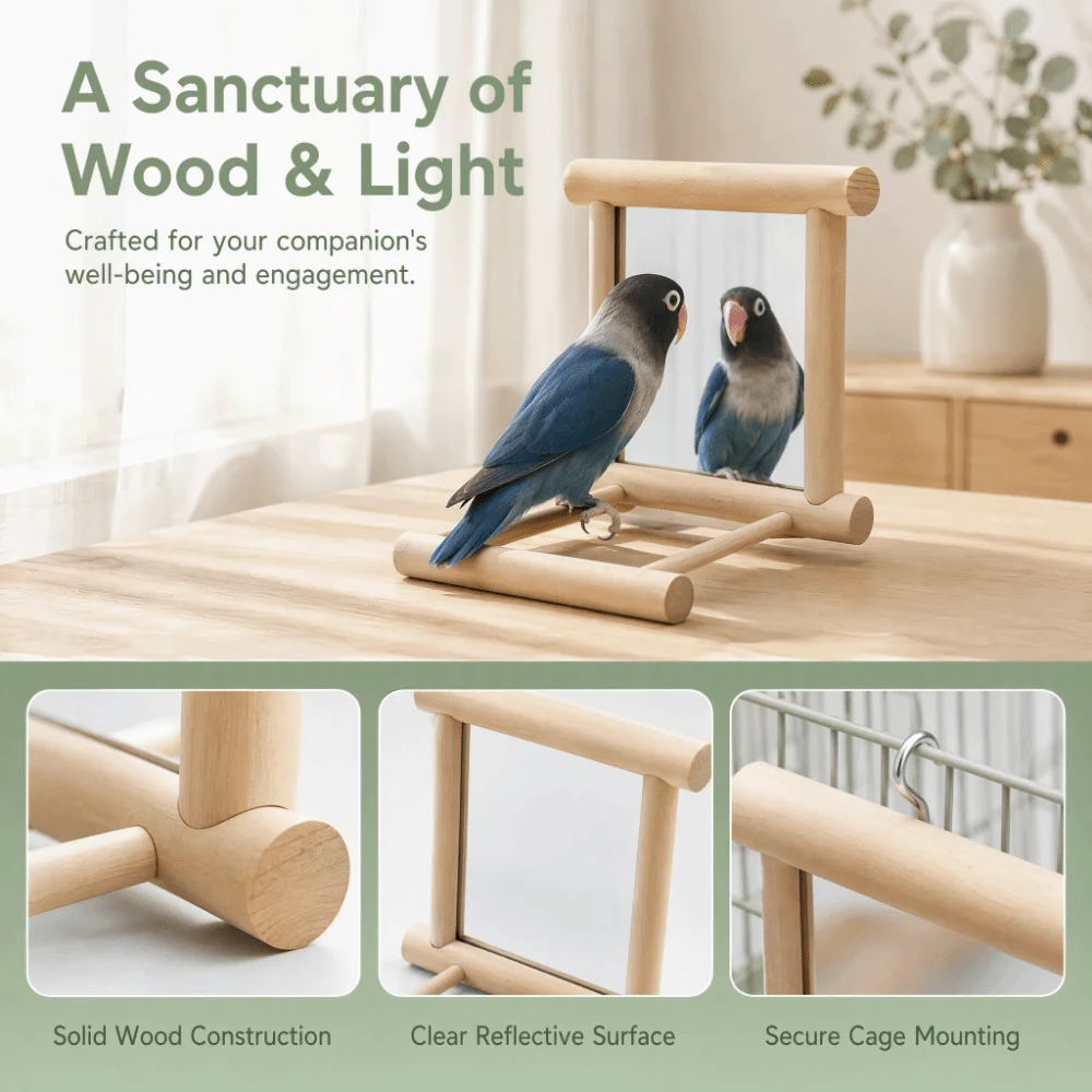 Wood Wood Bird Cage Perch Mirror Panel Built-In Reflective Panel Bird Cage Standing Frame Cage Mounted Double Standing Bars