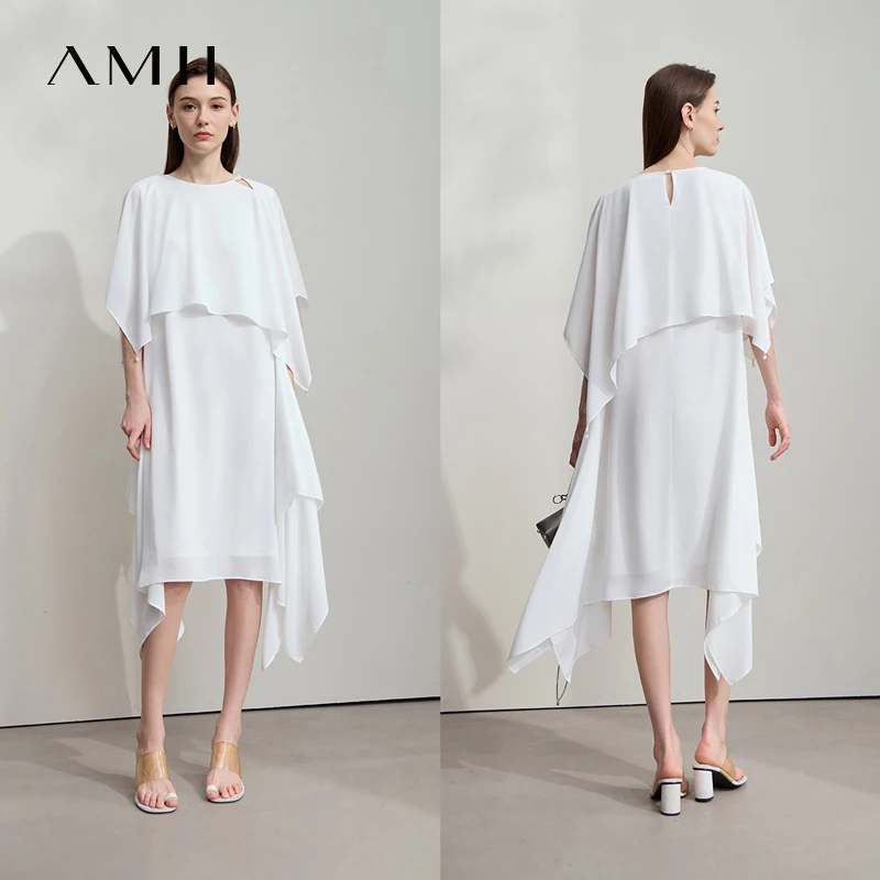 

AMII Minimalist Women Vacation Style Luxury Dress 2025 Summer Layered Thin Chiffon Loose Elegant Medium Length Dress 12552063