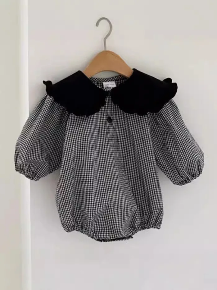 2024 Autumn New Baby Girl Long Sleeve Plaid Bodysuit Cotton Infant Girl Peter Pan Collar Jumpsuit Newborn Toddler Clothes 0-24M