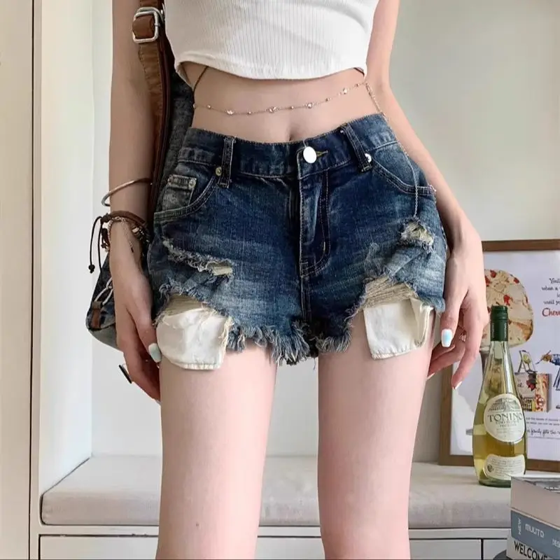 Pocket Leak Vintage High-Waisted Sexy & Club Denim Shorts y2k Women Clothing Loose Raw Edge Short Summer Ripped A-line Pants