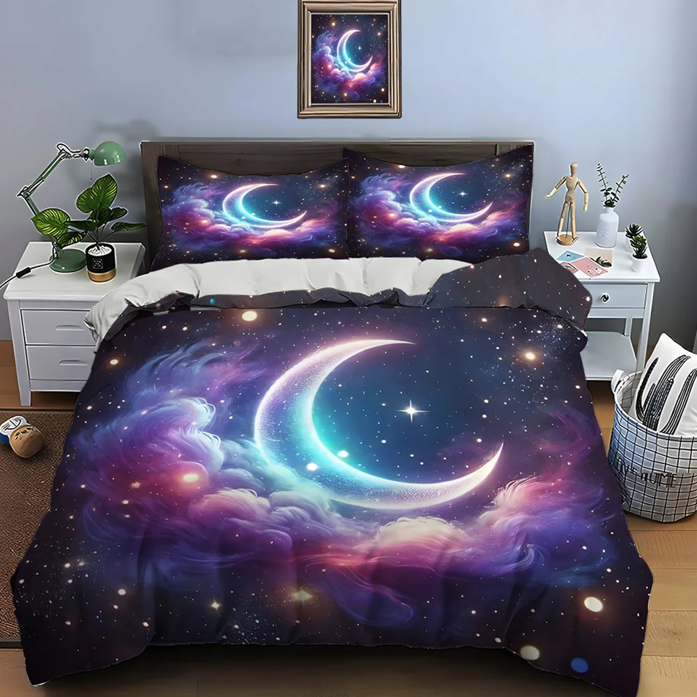 Dreamy Night Sky with Bright Crescent Bedding Set for Kids Luxury Gift 3pcs Digital Print Comforter Set Soft Comfortable