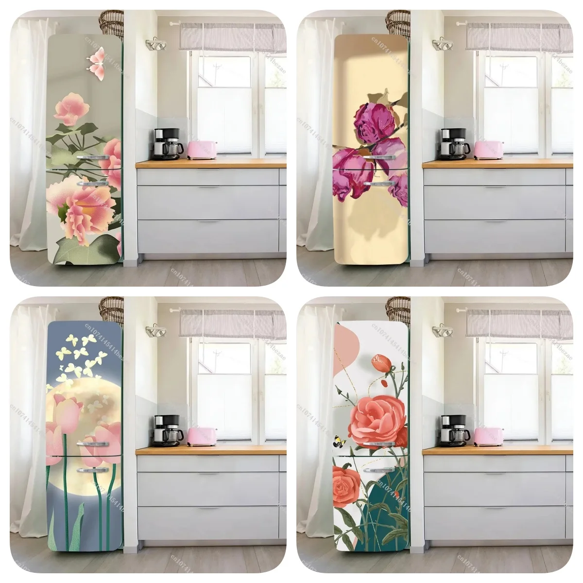 Soft Pink Peony Butterfly Refrigerator Stickers Self Adhesive Waterproof Anti Scratch Fridge Door Cover for Kitchen Decoration