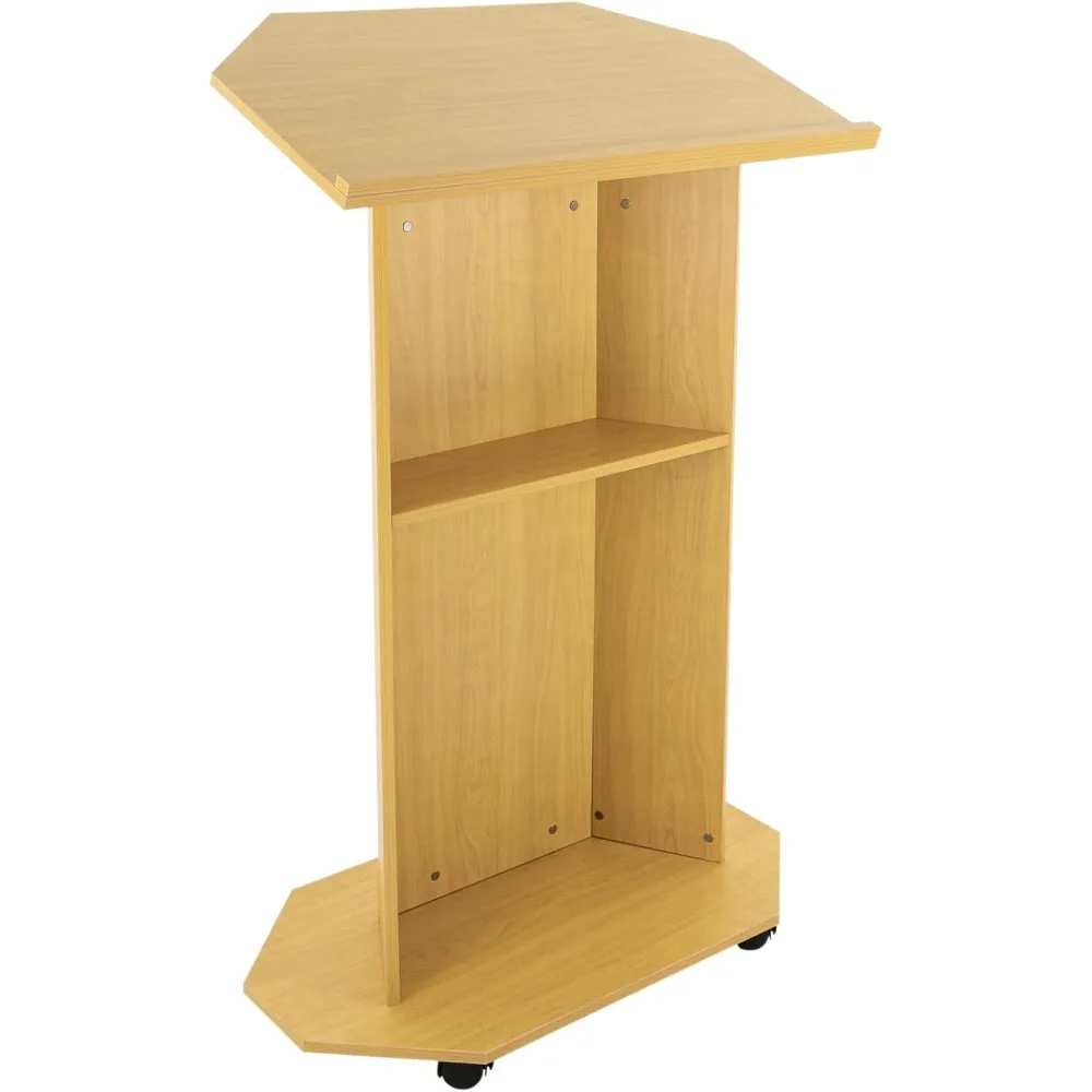 Movable Podium Wood Stand Floor Standing Podium Wooden Speaking Lectern with Wheels Storage Shelf for Church Classroom