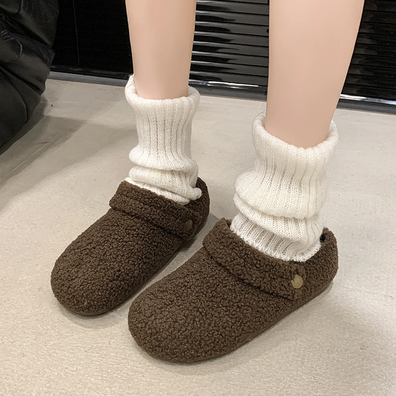 2024 Women's Winter New Fashionable Round Head Solid Color Set with Hairy Double Wear Comfortable Warm Flat Cotton Shoes