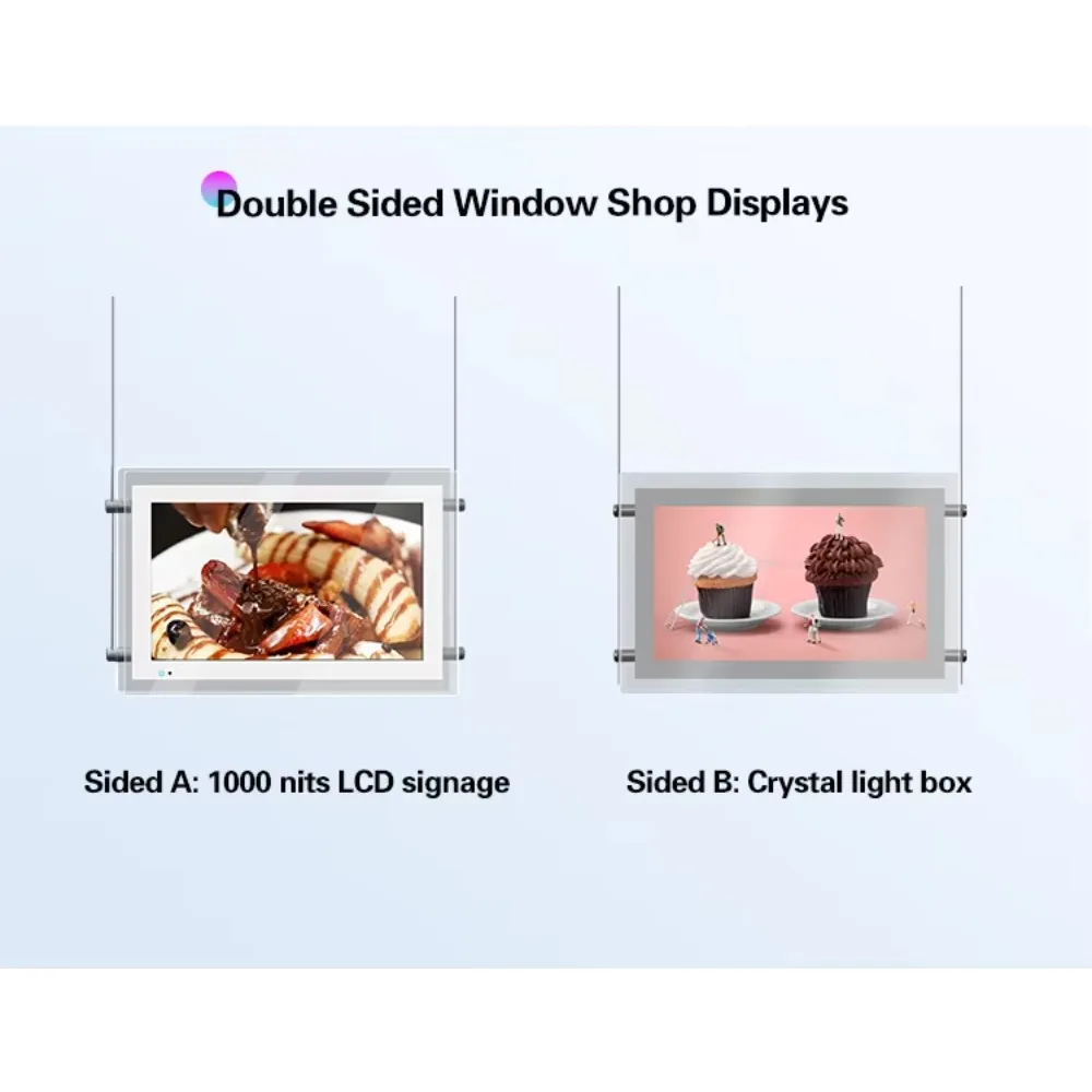 Double sided window display screen with LED light box and LCD digital signage, used for advertising and elevator guidance