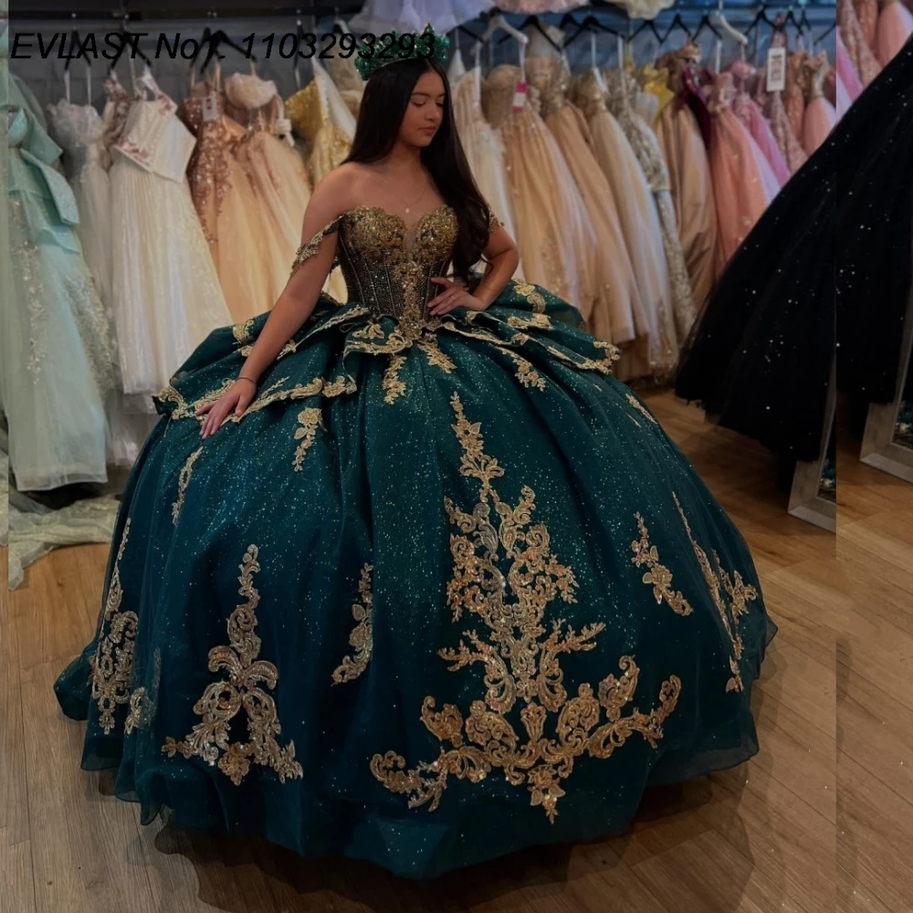 

EVLAST Customized 2026 Dark Green Ball Gown Quinceanera Dress Gold Lace Applique Beading Sweet 16 Vestidos De 15 Anos E1QN373