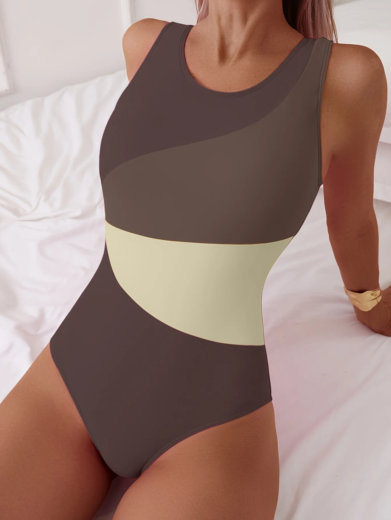 Traje de baño de una pieza de cintura alta para mujer: diseño de bloques de color, tela de secado rápido, playa, piscina o deportes acuáticos