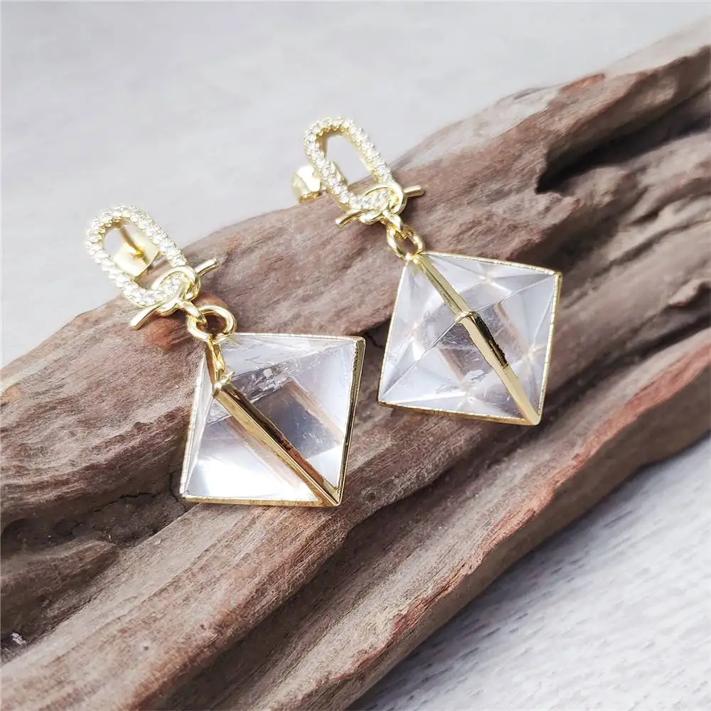 FUWO Wholesale Cubic Zircon Natural Clear Quartz Earrings,Golden Plated Octahedron Jewelry For Women 5Pairs/Lot ER479CZ