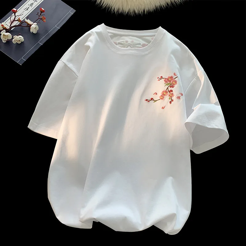 New Chinese Plum Blossom Print T-shirt for Men and Women 2026 Summer Crew Neck Couple Short Sleeves