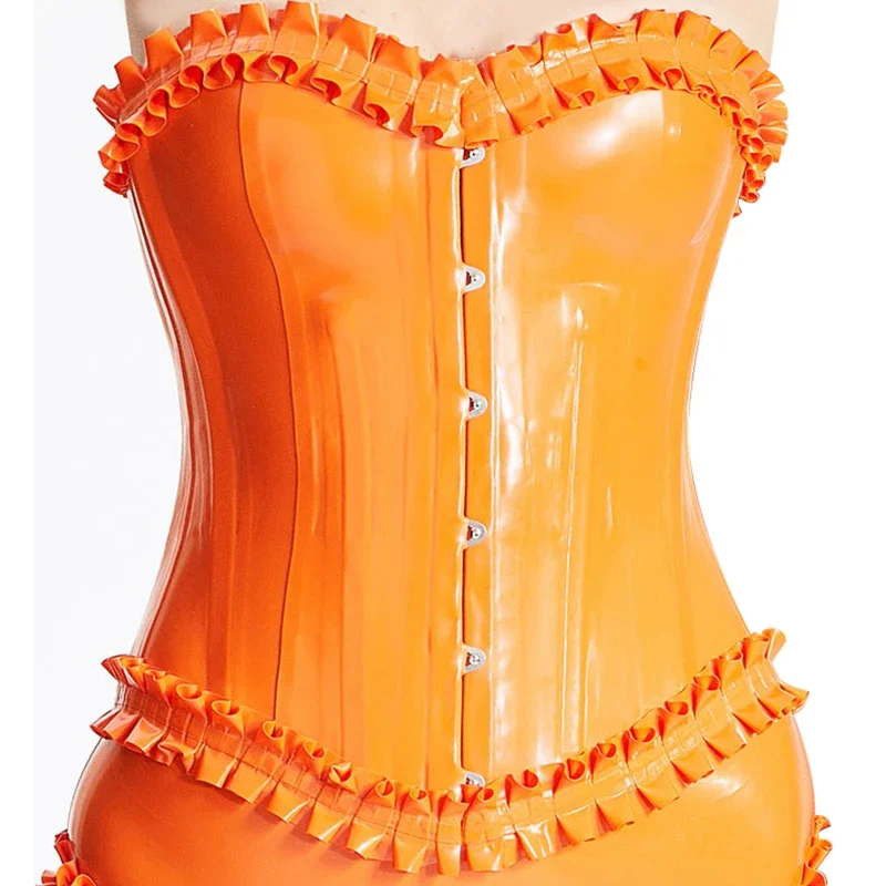 

Latex Corsets With Ruffles At Top And Bottom Lacing Back Rubber Bustiers Clothing 0.4mm Party