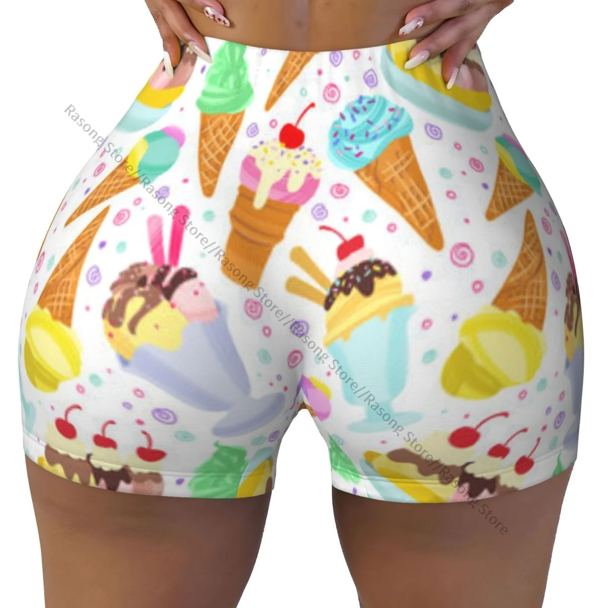 Women Yoga Shorts Ice Cream Dessert Pattern Workout Shorts Fitness quick-dry Ladies Yoga Gym Running Short Pants Sportswear